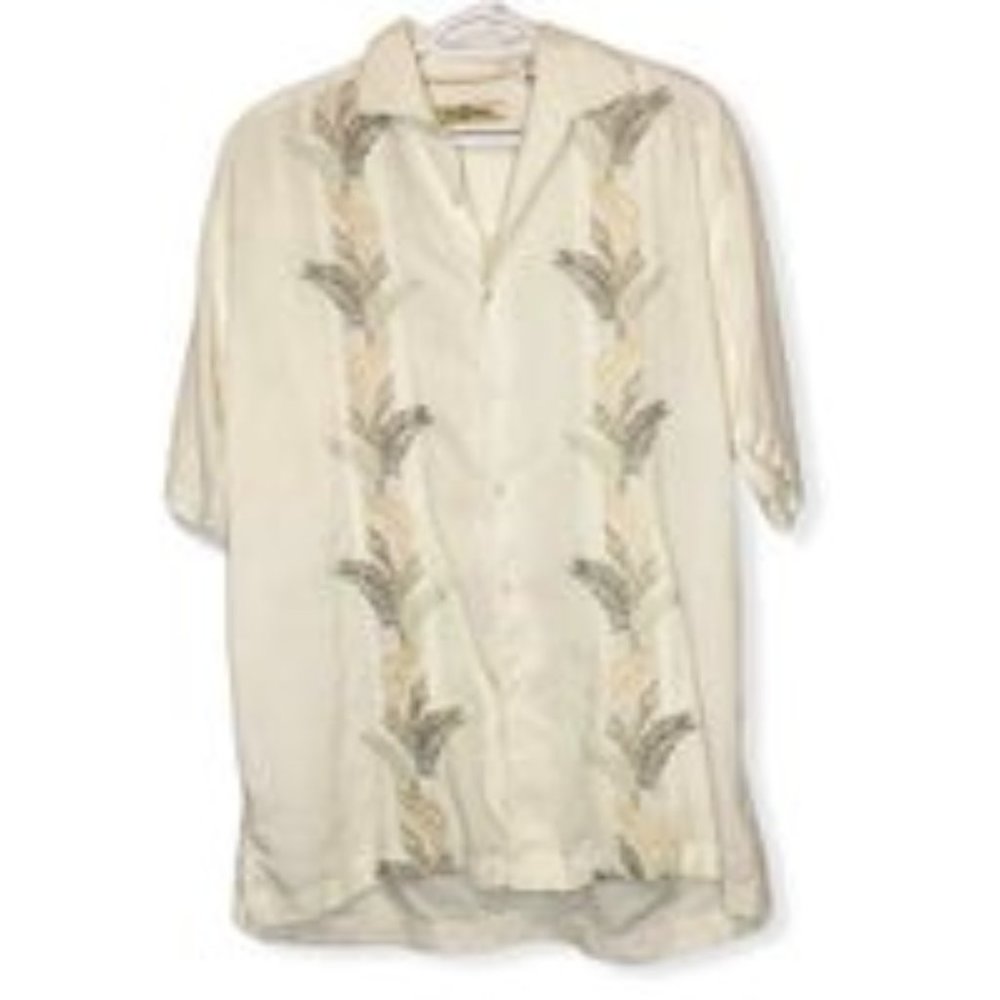 Tommy Bahama Embroidered Linen and Tencel Button Front Short Sleeved
